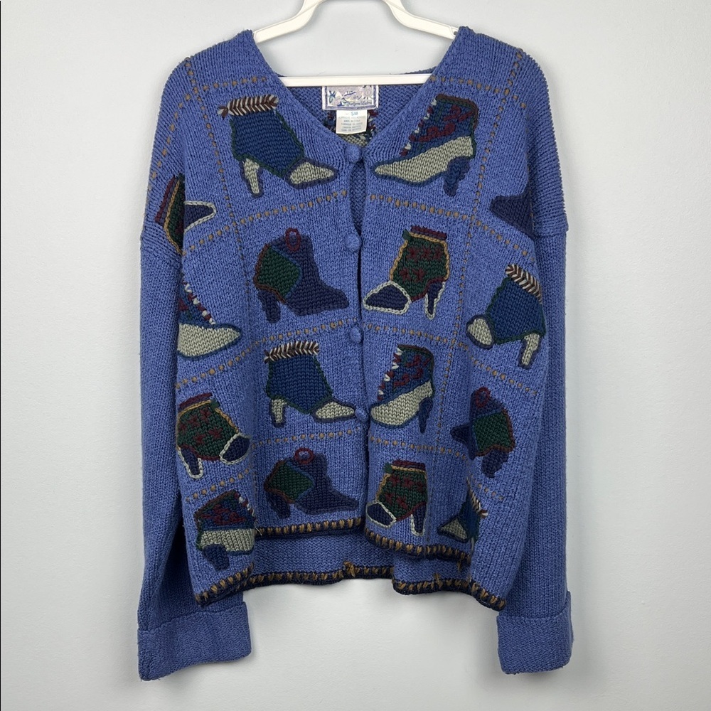 Vintage embroidered shoe pattern button front cardigan sweater 80s small